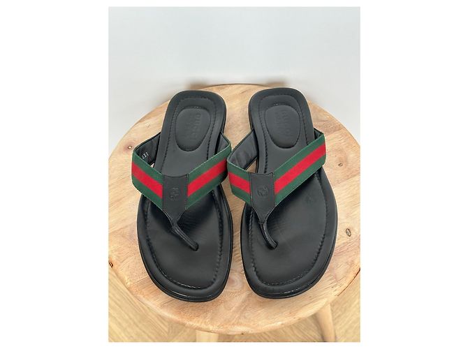 Sandálias Gucci de couro preto com faixa Web Vermelho Verde - vista 6