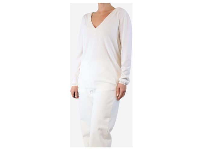 Brunello Cucinelli Pull blanc à col en V - taille XL - vue 3