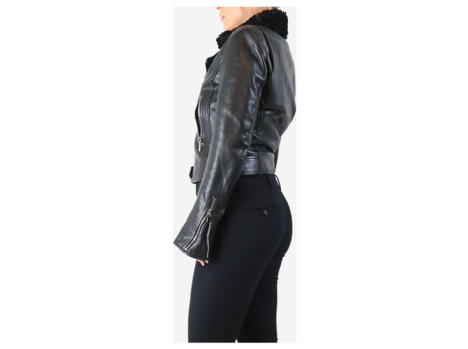 Balenciaga Black leather shearling biker jacket - size UK 12 - view 3