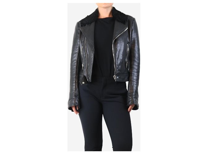 Balenciaga Black leather shearling biker jacket - size UK 12 - view 4