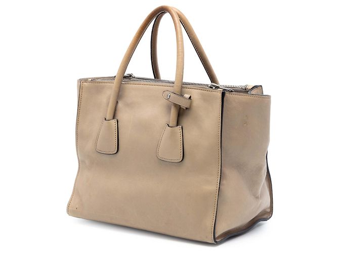 Double Borsa Prada in vitello lucido marrone con doppio manico e tasche gemelle Beige - vista 2