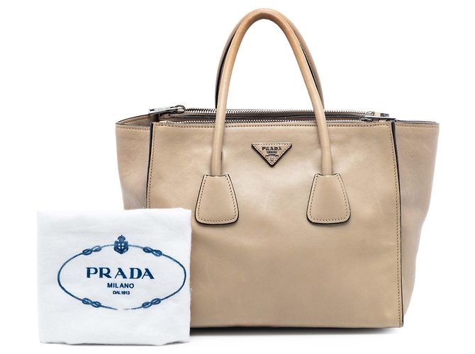 Double Borsa Prada in vitello lucido marrone con doppio manico e tasche gemelle Beige - vista 7