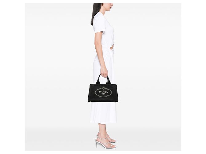 Borsa a tracolla in tela nera Canapa con logo Prada Nero - vista 6
