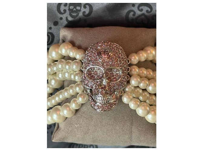 Bracciale Philipp Plein Teschio Perle Rosa Argento Bianco - vista 2