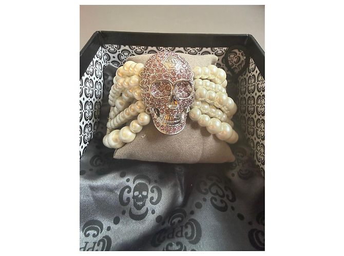 Bracciale Philipp Plein Teschio Perle Rosa Argento Bianco - vista 3