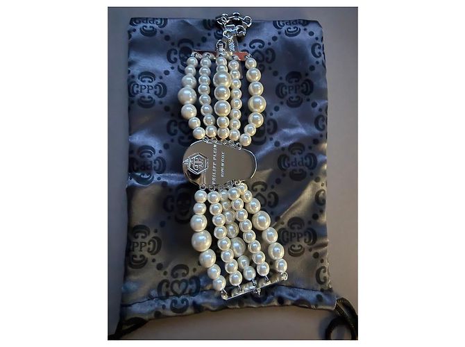 Bracciale Philipp Plein Teschio Perle Rosa Argento Bianco - vista 9