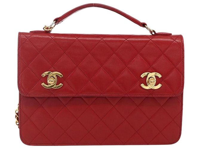 CHANEL Matelassé 23 Bolsa de Cadena Doble con Cierre de Cordero Rojo CC Auth 166468SAM Roja Dorado - vista 13