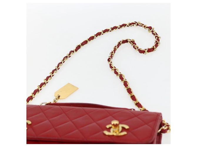 CHANEL Matelassé 23 Bolsa de Cadena Doble con Cierre de Cordero Rojo CC Auth 166468SAM Roja Dorado - vista 15