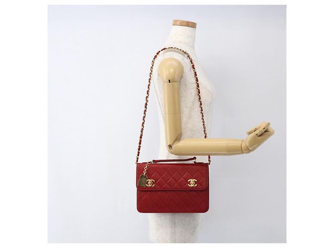 CHANEL Matelassé 23 Bolsa de Cadena Doble con Cierre de Cordero Rojo CC Auth 166468SAM Roja Dorado - vista 28