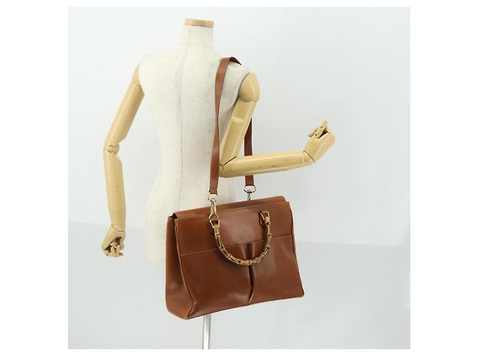 Borsa a mano in pelle GUCCI Bamboo 2 in 1 Marrone Oro 002 123 0322 Auth 165977 D'oro - vista 24