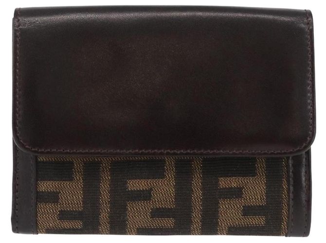 Portafoglio in tela Zucca FENDI in pelle nera e marrone Auth am10756V - vista 13