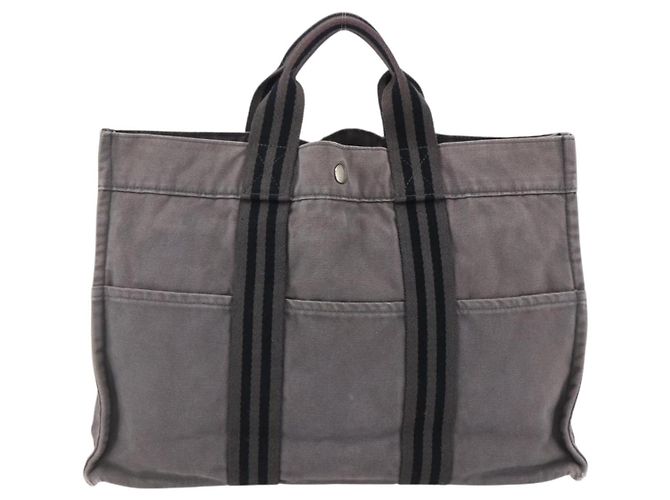 Hermès HERMES Fourre ToutMM Borsa a Mano in Tela Grigia Argento Auth ti3707 Marrone - vista 2