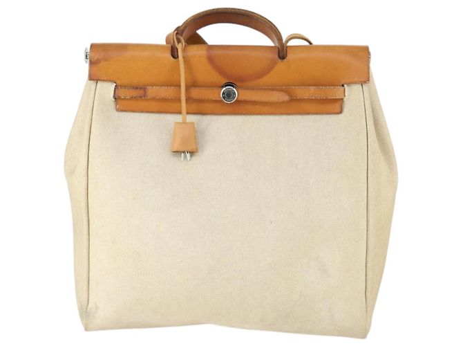 Hermès HERMES Borsa Her Bag MM Borsa a Mano Tela Beige Argento Auth 168228 - vista 13