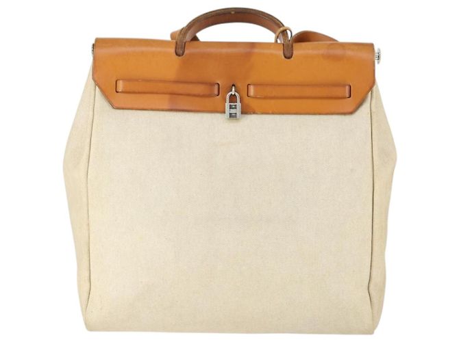 Hermès HERMES Borsa Her Bag MM Borsa a Mano Tela Beige Argento Auth 168228 - vista 2