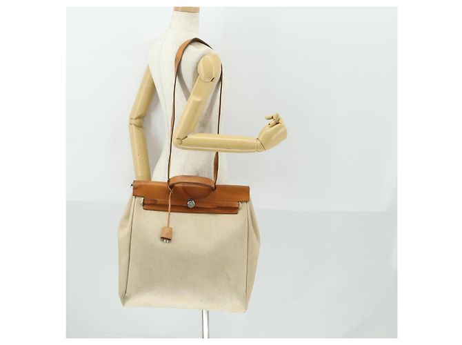 Hermès HERMES Borsa Her Bag MM Borsa a Mano Tela Beige Argento Auth 168228 - vista 27