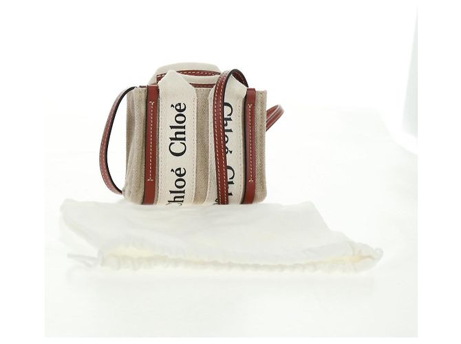 Chloé Woody Mini Borsa a Mano in Tela 2in1 Avorio Auth am10661SAV - vista 12