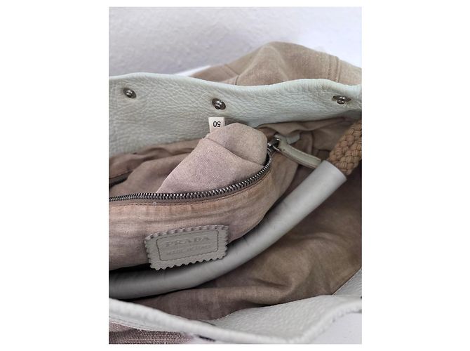 Borsa Hobo Prada in Pelle e Lino Beige Crema - vista 10
