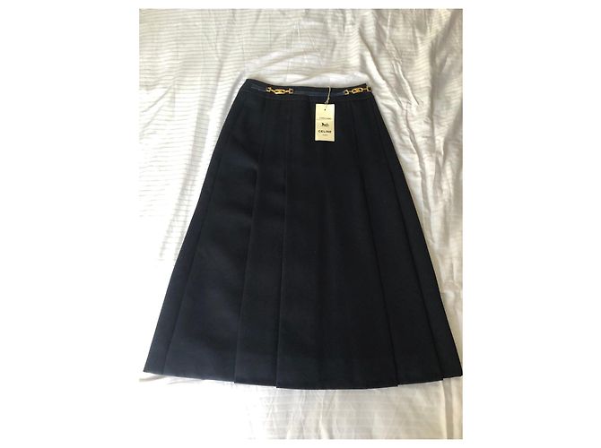 Falda midi Céline azul marino con cinturón de cuero y cadena dorada Negro - vista 4