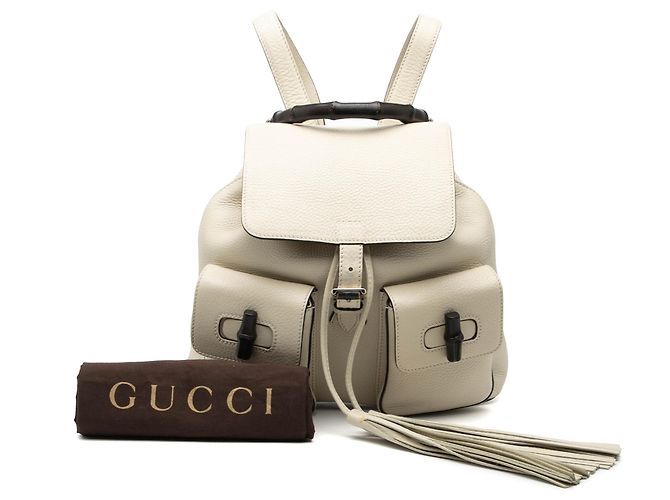 Bamboo Mochila Gucci White Large em pele de vitelo com borla de bambu e cordão Branco Cru - vista 9
