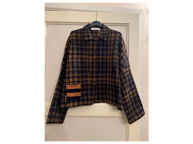 Autre Marque Giacca-camicia a quadri in lana e cotone Senape Blu navy - vista 2