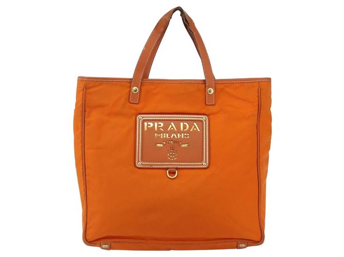Borsa Tote PRADA in nylon e pelle arancione dorato Auth ti3743 D'oro - vista 13