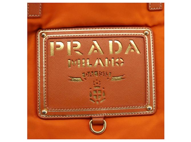 Borsa Tote PRADA in nylon e pelle arancione dorato Auth ti3743 D'oro - vista 17