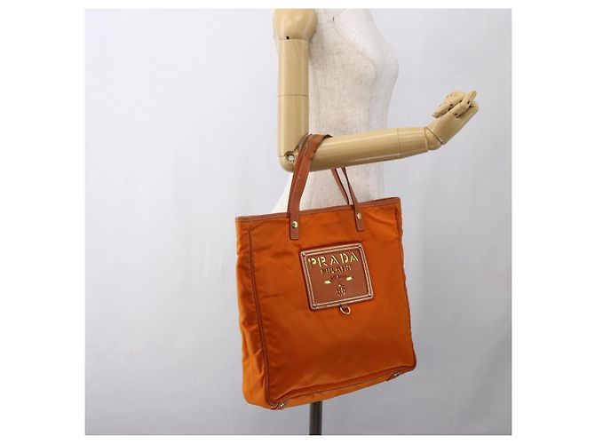 Borsa Tote PRADA in nylon e pelle arancione dorato Auth ti3743 D'oro - vista 23
