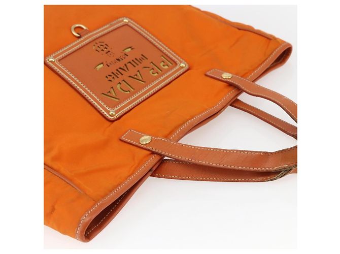 Borsa Tote PRADA in nylon e pelle arancione dorato Auth ti3743 D'oro - vista 6