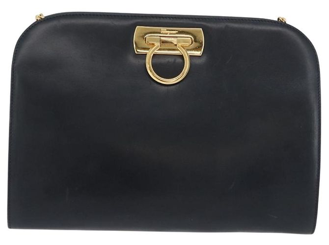 Borsa a spalla in pelle Gancini Chain di Salvatore Ferragamo, blu navy, oro, Auth 171314 - vista 13