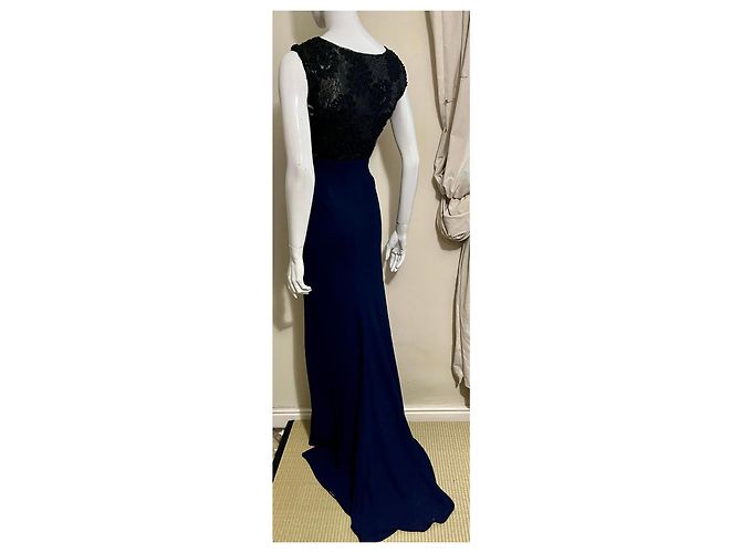 Vera Wang Vestido de noite com cauda e costas de renda Azul marinho - vista 3
