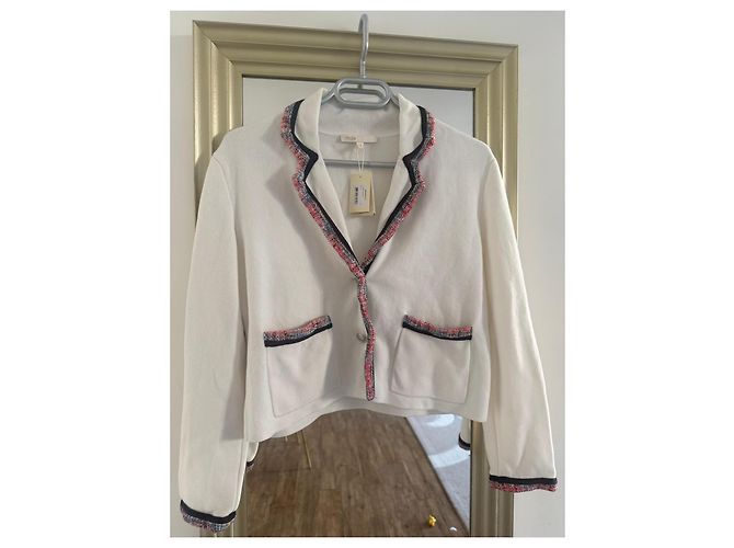 Kurze Maje-Jacke aus ecru-Strick Weiß Rot Roh Dunkelblau - Ansicht 3