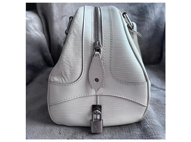 Borsa in pelle Louis Vuitton Montaigne PM Bowling Bianco - vista 7