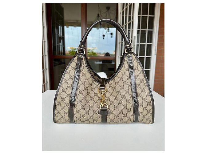 Borsa Gucci Jackie in tela monogram beige e pelle marrone - vista 2