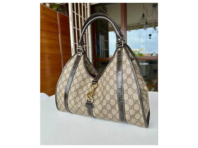 Borsa Gucci Jackie in tela monogram beige e pelle marrone - vista 3