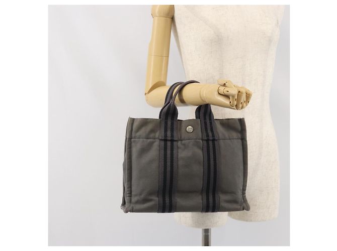 Hermès HERMES Fourre Tout PM Bolsa de Mano Lona Gris Plata Auth ti3712 Castaño - vista 20
