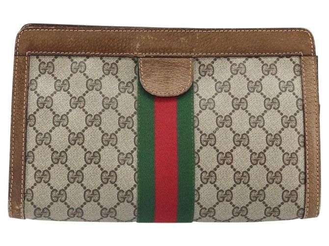GUCCI GG Supreme Web Sherry Line Clutch Bag PVC Beige Rosso Auth ti3685 - vista 13
