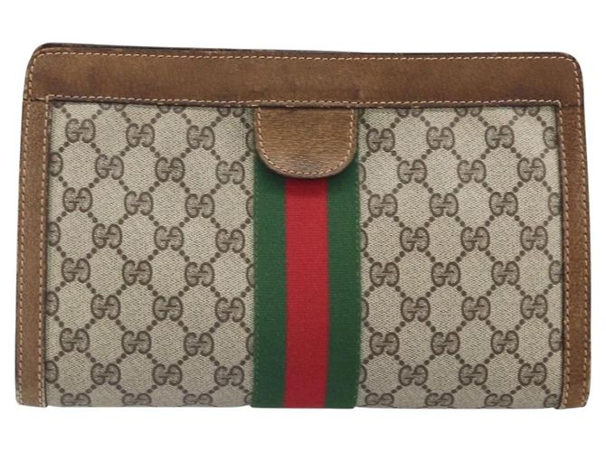GUCCI GG Supreme Web Sherry Line Clutch Bag PVC Beige Rosso Auth ti3685 - vista 2