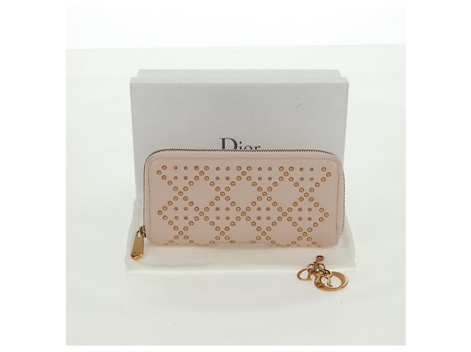 Portafoglio lungo Cannage Studs Christian Dior in pelle di agnello rosa e oro Auth 169933M D'oro - vista 12