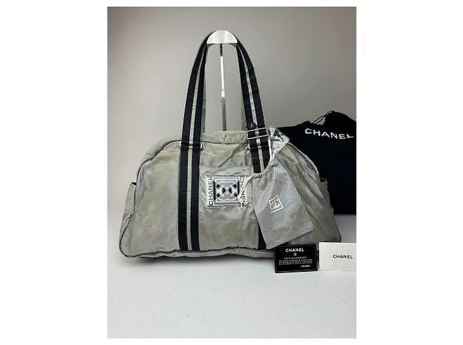 Vintage Chanel Polyester Duffel Bag Silber Schwarz - Ansicht 7