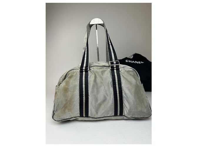 Vintage Chanel Polyester Duffel Bag Silber Schwarz - Ansicht 9
