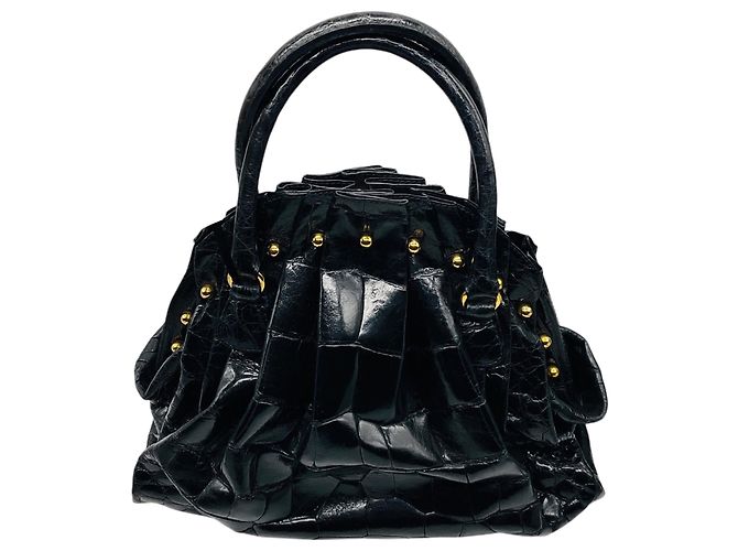 Valentino Garavani Borsa a mano in pelle di coccodrillo nera con borchie e hardware dorato Valentino Nero - vista 3