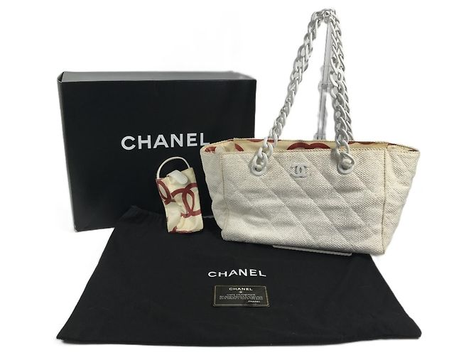 Chanel Weiße Leinen Tragetasche - vista 3