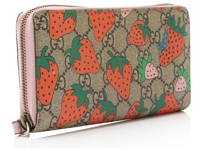Gucci GG Supreme Strawberry Zip Around Wallet Marrone Beige - vista 2