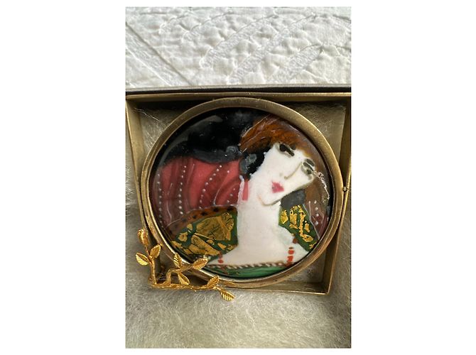 Autre Marque Spilla in stile Art Déco con ritratto di donna Nero Bianco Rosso Multicolore Verde Gold hardware - vista 6