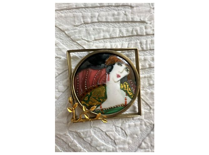 Autre Marque Spilla in stile Art Déco con ritratto di donna Nero Bianco Rosso Multicolore Verde Gold hardware - vista 9