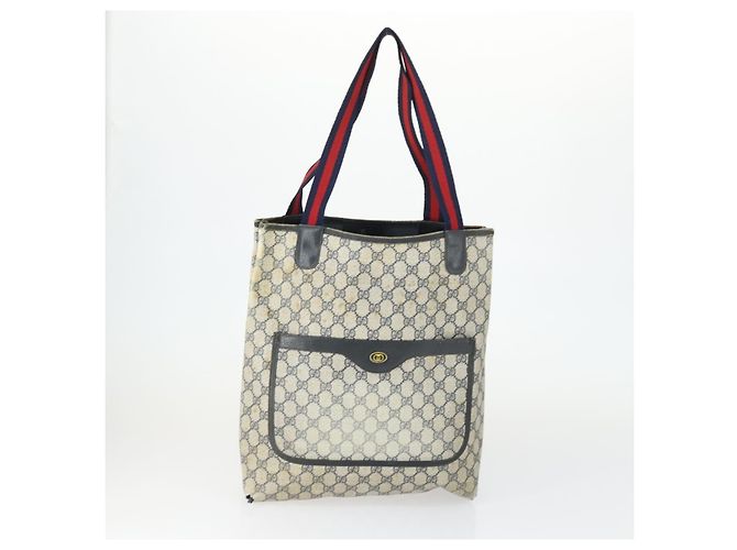 GUCCI GG Canvas GG Plus Sherry Line Tasche PVC 3 Set Beige Marine Auth 155246 Marineblau - Ansicht 2