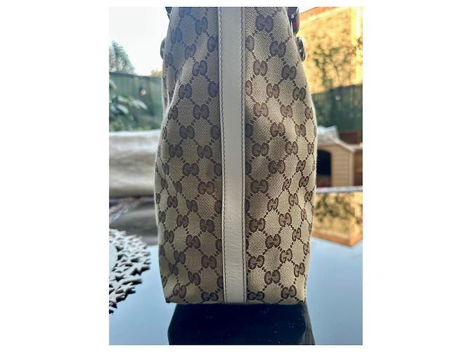 Borsa tote Gucci in tela monogram beige e pelle bianca Marrone Bianco - vista 10