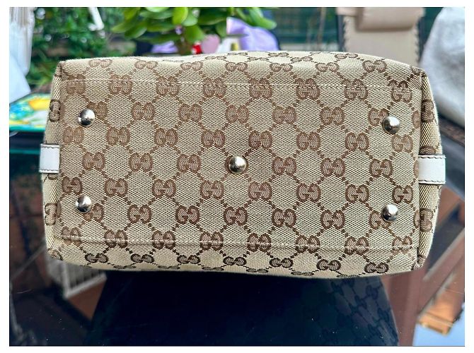 Borsa tote Gucci in tela monogram beige e pelle bianca Marrone Bianco - vista 11