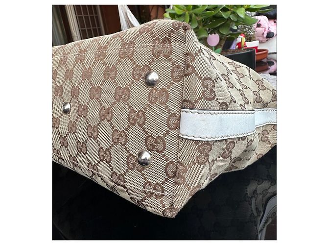 Borsa tote Gucci in tela monogram beige e pelle bianca Marrone Bianco - vista 12