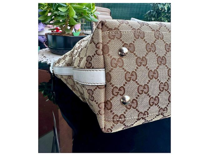 Borsa tote Gucci in tela monogram beige e pelle bianca Marrone Bianco - vista 13